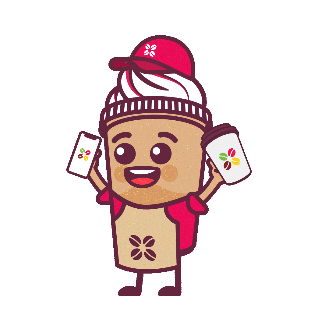 Personaje CAFFENIO con celular y café